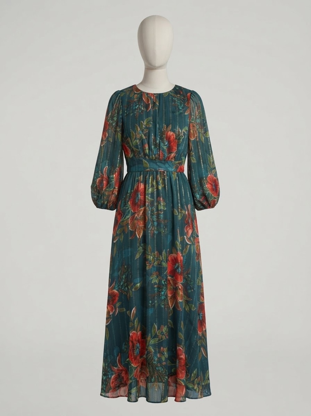 Maison Tara Teal Maxi Dress with Red Floral Print and Balloon Sleeves